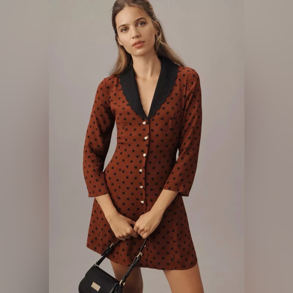 Reformation Anthropologie Galene Heart Button-Up Mini Dress 2 NWT Fig Jam Dot